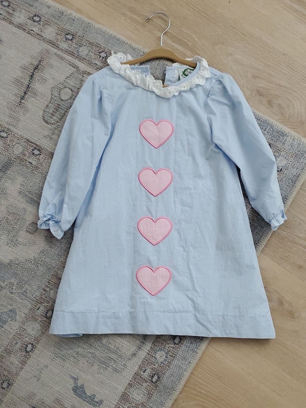 Cecil & Lou Girls Blue Gingham Pink Heart Applique Long Sleeve Dress Sz4T
